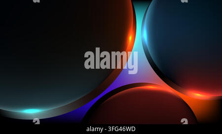 Dark futuristic 3D abstract background with glowing glossy circles rim light illuminated in orange cyan and purple for modern digital tech design cove Stock Vector