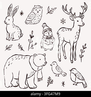 Cute Winter Animals Christmas Hand Drawn Clipart Set Stock Vector