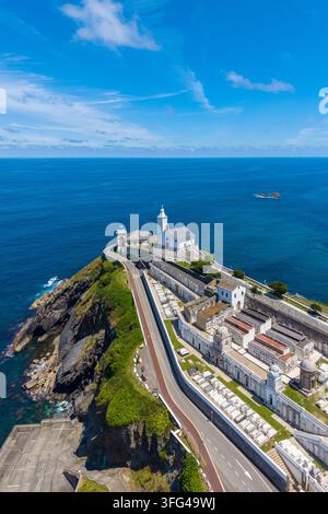 Aerial view of the town of Luarca, built on a cliff on the ocean. Luarca, Principality of Asturias, Spain, Europe. Stock Photo