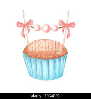 Cupcake decorated with two sticks, pink bows and a candy garland, isolated from background. Hand-drawn watercolor illustration for birthday parties, d Stock Photo