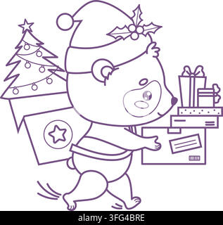 Kawaii Panda Courier in Santa Hat Running Fast with Christmas Tree in Backpack and Parcel, Present Boxes. Cute Bear Mascot. Holiday Express Delivery S Stock Vector
