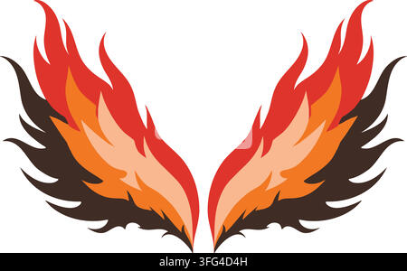 Flat illustration of dramatic phoenix style wings with layered feathers in orange red and black spreading outward symmetrically Stock Vector