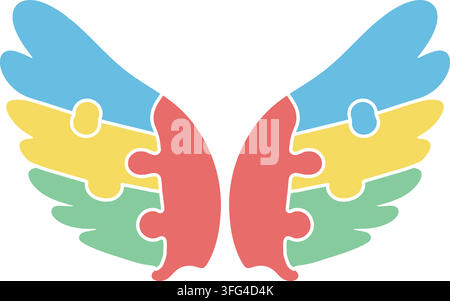Flat illustration of colorful butterfly wings made from rainbow puzzle like shapes in blue yellow red and green Stock Vector