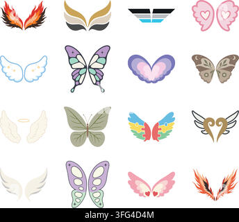 A colorful flat illustration set featuring various stylized wing designs Stock Vector