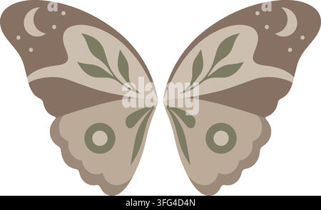 Flat illustration of earthy brown moth wings decorated with olive leaf motifs soft markings and circular eye spots Stock Vector