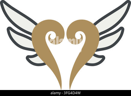Flat illustration of stylized golden wings forming a heart like emblem with curled center details and black outlines Stock Vector