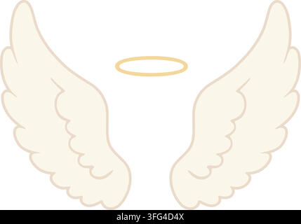 Flat illustration of graceful white angel wings accompanied by a thin golden halo floating above the center Stock Vector