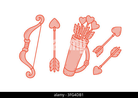 Romantic archery set with decorative bow, heart tipped arrows and a filled quiver. Playful hand drawn collection inspired by Cupid, love and Valentine Stock Vector