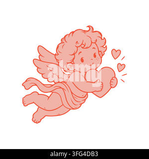 Cute flying cupid angel hugging a large heart, with curly hair, wings and small floating hearts. Sweet romantic illustration for Valentines Day and Stock Vector