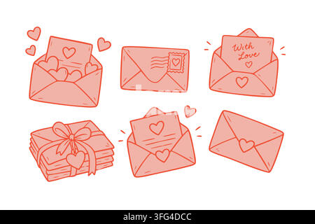 Hand drawn love mail collection with open and sealed envelopes, romantic notes, heart decorations, postage stamp and tied letter bundle for Valentine Stock Vector