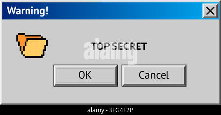 Retro computer warning popup with folder icon displaying top secret confidential message Stock Vector