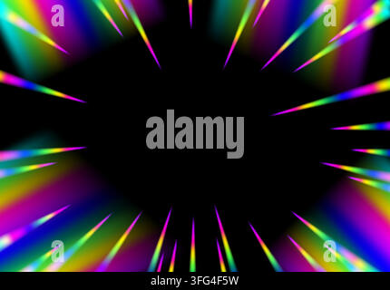 Neon rainbow radial burst lines radiating outward from a dark empty center point Stock Vector