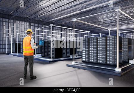 Programmer or engineer with computer notebook work in data center or server room Stock Photo