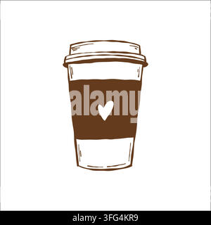 A glass of takeaway coffee. Cozy coffee-themed clip art. Outline vintage sketch in brown. Stock Vector