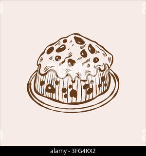 Homemade chocolate cake on a plate. Isolated vector illustration of a sweet treat. Hand-drawn vintage sketch of a baked good. Stock Vector