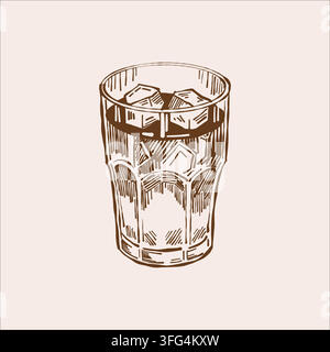 Iced coffee with ice cubes in a glass. Vintage isolated outline illustration. Vector line art clipart. Retro menu graphic Stock Vector