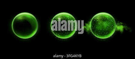 Green magic fantasy spheres set. Crystal ball with glowing sparkles and particles. Energy orb with glow flare light effect. Isolated on black backgrou Stock Vector