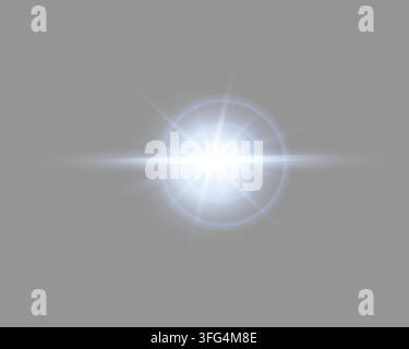 Blue sunlight lens flare, sun flash with rays and spotlight. Glowing burst explosion on a grey background. Vector illustration. Stock Vector