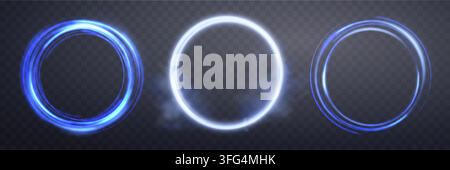 Glowing blue magic rings. Neon realistic energy flare halo rings. Abstract light effect on a dark transparent background. Vector illustration. Stock Vector