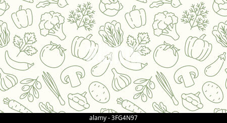Vegetable seamless pattern with line icons of pepper, broccoli, tomato, eggplant, mushroom, garlic linear doodle vector illustration. Cute green Stock Vector