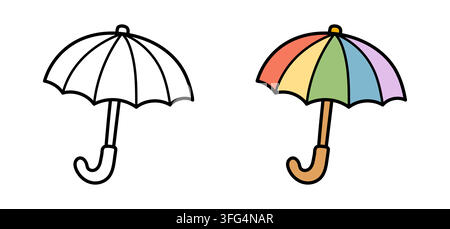 Umbrella line and color icon. Rainbow rain parasol doodle vector illustration. Bold easy outline coloring book element for autumn weather, rainy Stock Vector