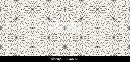 Seamless floral geometric pattern with outlined flowers, leaves and dots on warm cream background. Minimal line art vector ornament for textile Stock Vector