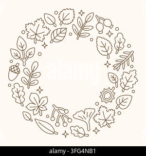 Autumn leaves circular frame. Maple, oak, ginkgo, eucalyptus, rowan, acorn and berries linear doodle vector illustration. Outline coloring page border Stock Vector