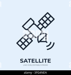 Satellite line icon. Space communication linear vector illustration. Thin sign of orbital spacecraft with solar panels, dish, radio waves for GPS Stock Vector