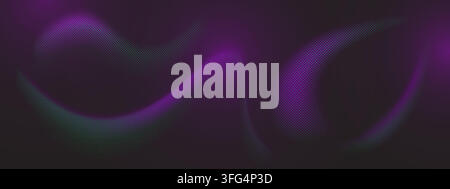 Abstract tech smooth lines with halftone pattern on black background. Vector liquid shape graphics with dotted texture, flowing aurora gradient curves with neon glow effect. Modern wavy music design Stock Vector