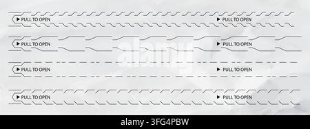 Pull to open tear strip set with perforated lines for easy package opening. Vector icons showing dotted cut-here guides on boxes, paper envelopes and carton packaging designs. Isolated illustrations. Stock Vector