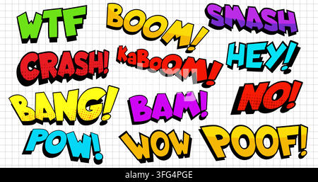 Comic pop art sticker with wow text effects. Vector cartoon set of colorful bold boom, crash, poof, bang exclamations, social media speech bubbles, manga style burst elements for y2k banner design Stock Vector