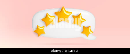 3D five star rating icon with white review bubble for customer feedback surveys. Vector satisfaction score sign with yellow stars, quality evaluation badge, hotel app or game ui in plastic style Stock Vector