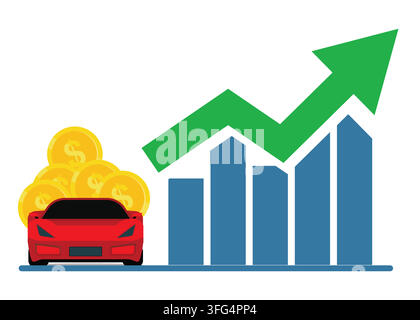 Flat vector illustration showing financial growth in the automotive sector featuring a red sports car, gold coins, bar chart, and green arrow. Stock Vector