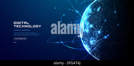 Digital Globe Edge With Glowing Network Orbits And Copy Space Stock Vector