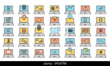 Mega set of 35 laptop computer vector icons. Black line art with colorful offset fill style on white background. Stock Vector