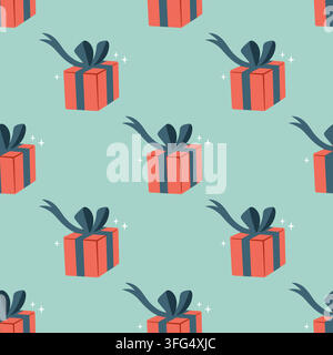 Christmas, Holiday, new year, Valentine, birthday gift box seamless pattern. Cute Christmas decoration texture on turquoise background. Vector Flat design, cartoon style. Stock Vector