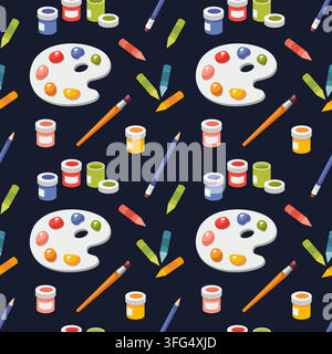Painting and drawing seamless pattern. Watercolor paints, paint brush, pencil, palette, gouache, crayon. Cartoon vector texture. Fine arts artistic School elements texture. Art Study textile design Stock Vector