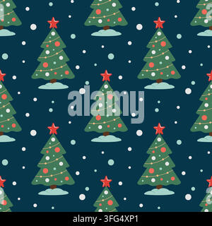 Christmas tree, decorations seamless pattern. Cute Christmas winter decoration texture on dark background. Vector. Flat design, cartoon style. Stock Vector