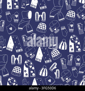 Winter Seamless Pattern with White Hats, Scarves, Mittens and Gloves on Dark Blue Background. Vector Illustration. Inverted Hand Drawn Texture for Chr Stock Vector