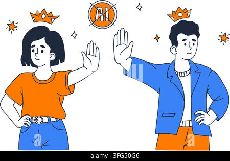 Woman and Man Showing Stop Hand Gesture With Crossed AI Sign. Confident People with Crown Creator Intellectual Property No Artificial Intelligence. Hu Stock Vector