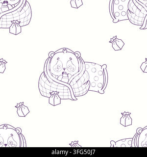 Outline Seamless Pattern Kawaii Panda Having Panic Attack Wrapped In Blanket With Paper Bag. Scared Bear With Anxiety on White Background. Vector Illu Stock Vector