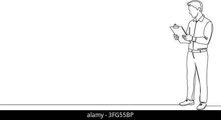 continuous line drawing of a businessman or manager reading documents on a clipboard, quality control, inspection or office work concept, line art Stock Vector