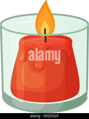 Beautiful hand drawn red burning candle vector element. Cozy flat style melted wax in glass jar isolated on transparent background. Great for winter h Stock Vector
