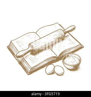 A baking drawing with a cookbook, rolling pin, eggs and flour, vector illustration. for bakery branding, cookbook covers, recipe blogs, vintage menus, Stock Vector