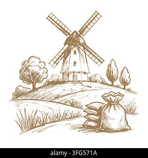 rural landscape with a windmill on a hill and sacks of flour, vector illustration series. For rural branding, packaging of farm products and bakeries, Stock Vector