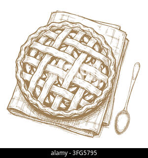 Classic apple pie lying on a folded cloth or napkin, with a hand-drawn spoon.. Vector illustration. For bakery branding, cafe menus, fall or Thanksgiv Stock Vector