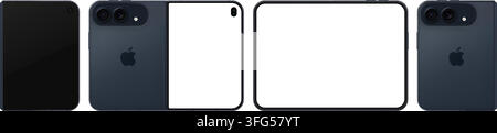 Photorealistic detailed Apple iPhone 18 Duo Night Sky mockup. Front and rear view on isolated on transparent background. Vector editorial illustration Stock Vector