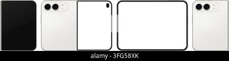 Detailed folded white new mobile phone mockup. Front and rear smartphone view isolated on transparent background. Vector PNG Stock Vector