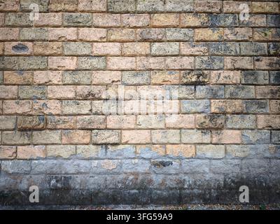 Brick wall with natural weathering or damage at the base. Stock Photo