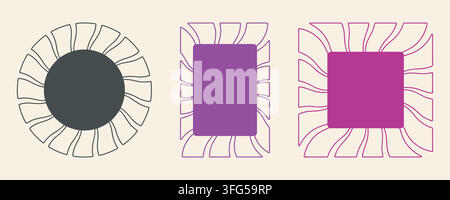 Festive sun ray ornament frame set, geometric modern flat graphic style design, outline petal contour, circle square rectangle shape, text space box. Stock Vector